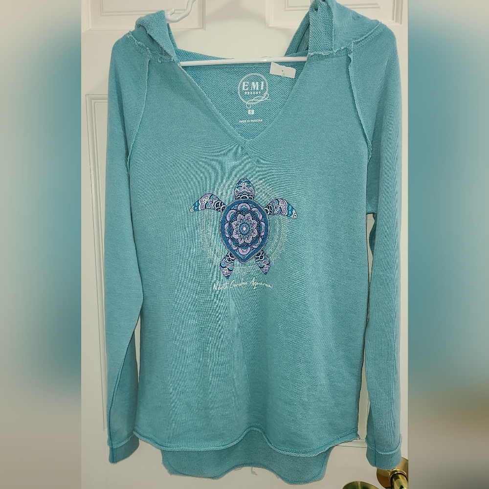 EMI Resort Teal Hooded Sweatshirt with Turtle Motif